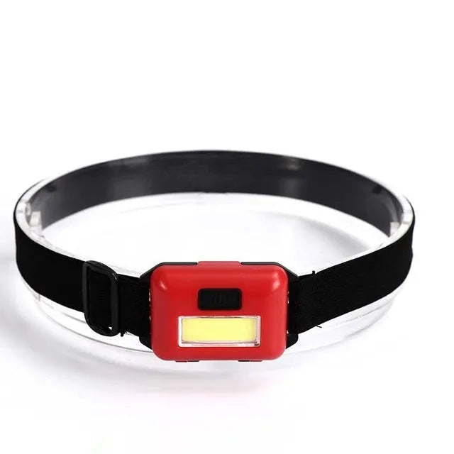 Compact black outdoor headlamp with adjustable polyester strap and a central COB LED bulb.