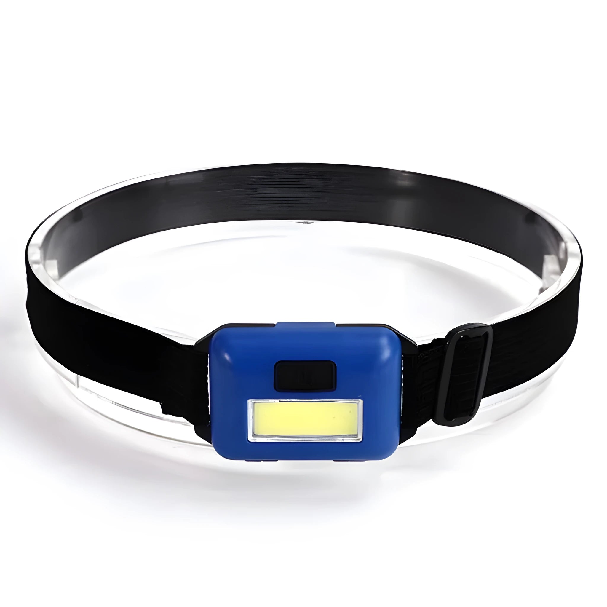 Compact black outdoor headlamp with adjustable polyester strap and a central COB LED bulb.