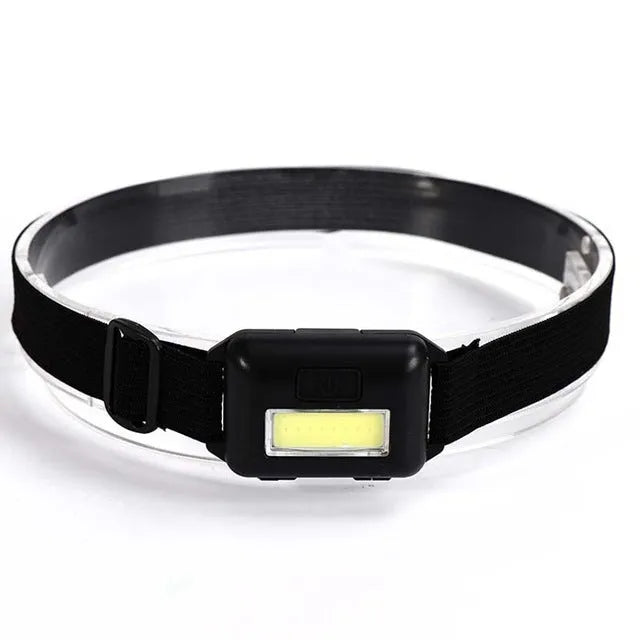 Compact black outdoor headlamp with adjustable polyester strap and a central COB LED bulb.