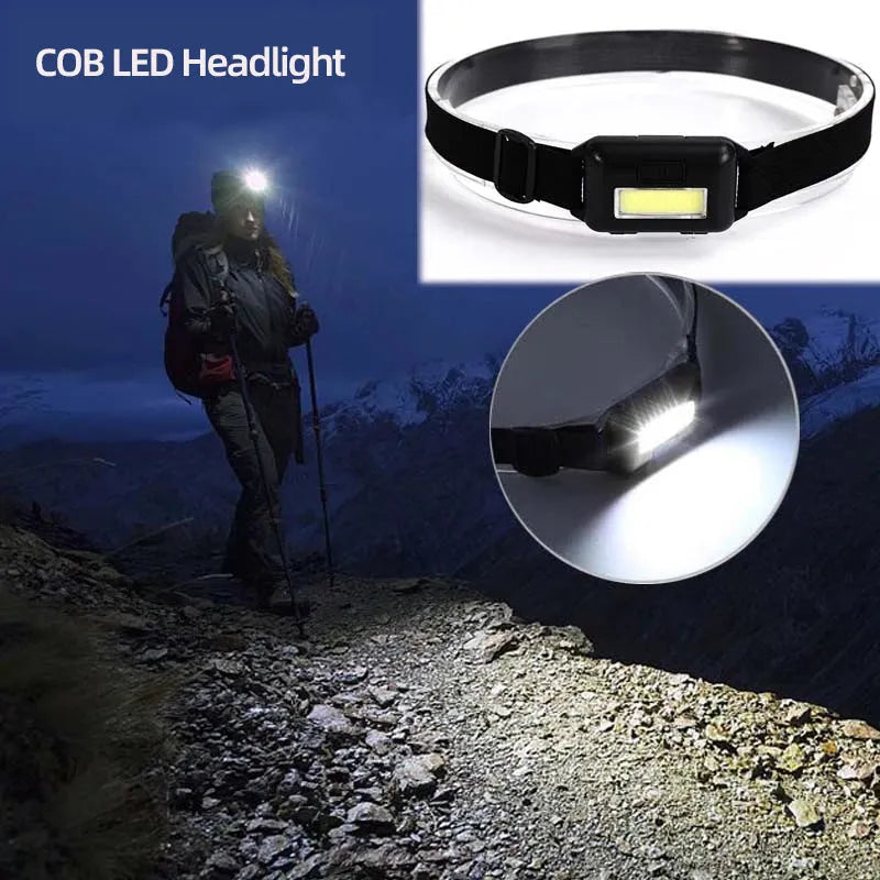 Compact black outdoor headlamp with adjustable polyester strap and a central COB LED bulb.