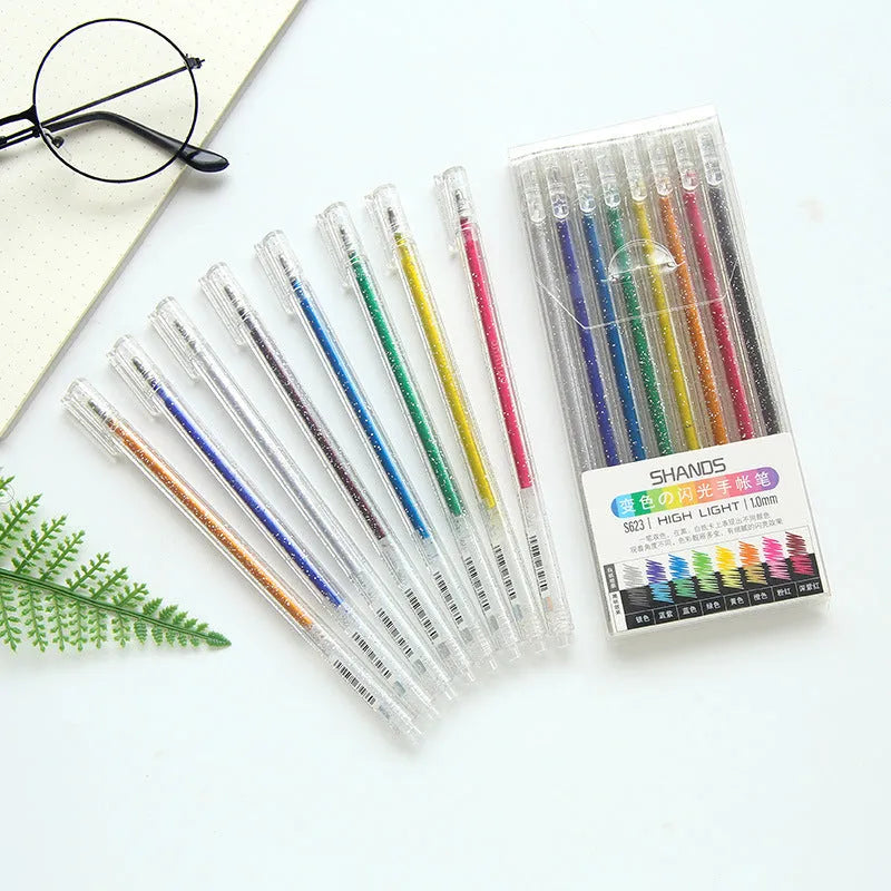 Colour changing flashing LED gel pen set with 8 transparent plastic pens showing internal mechanism