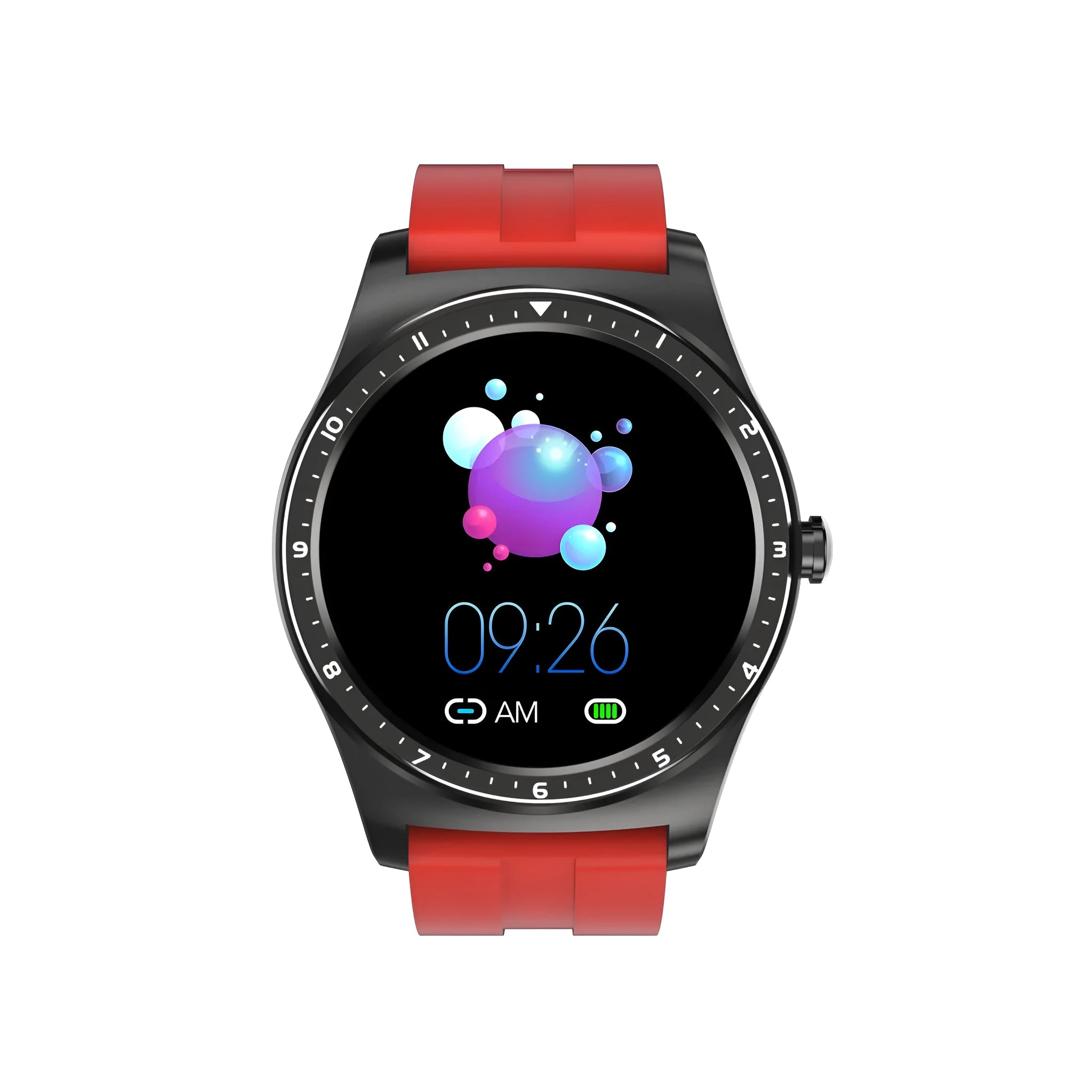 Full Circle Full Touch smart watch with circular screen on a silicone wristband.