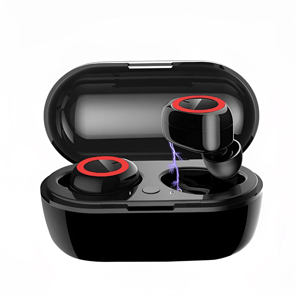 Black and red true wireless stereo Bluetooth earbuds with a charging case.