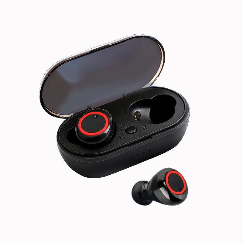 Black and red true wireless stereo Bluetooth earbuds with a charging case.