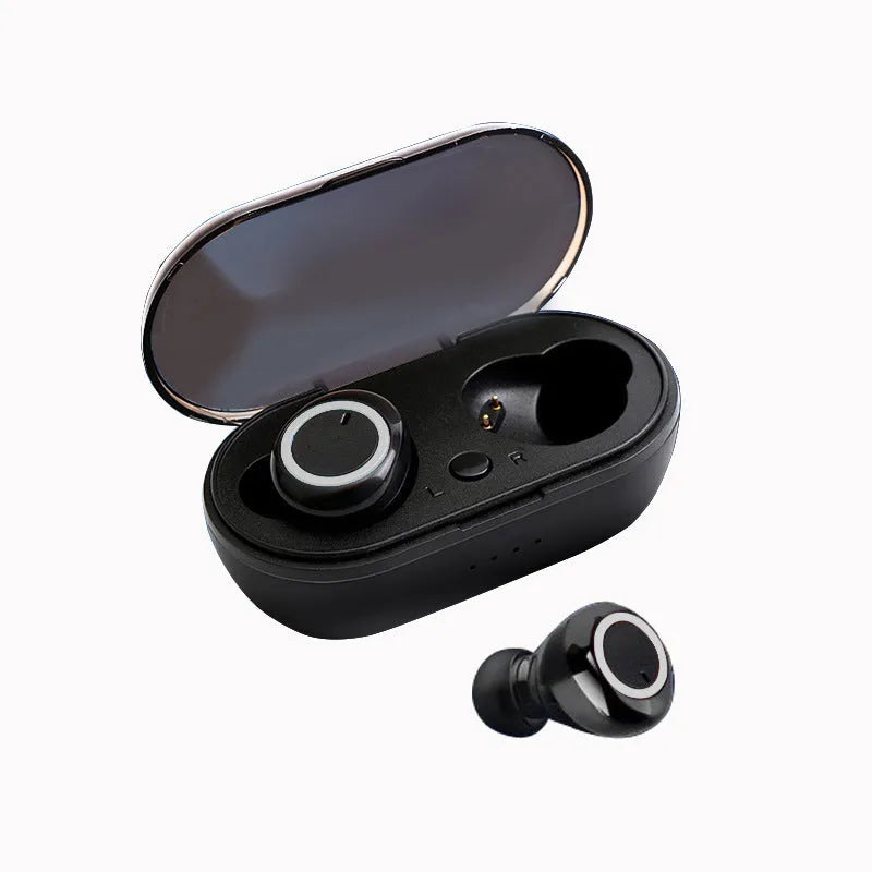 Black and red true wireless stereo Bluetooth earbuds with a charging case.