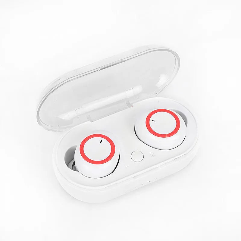 Black and red true wireless stereo Bluetooth earbuds with a charging case.