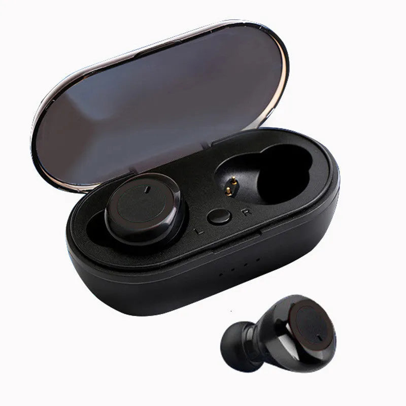 Black and red true wireless stereo Bluetooth earbuds with a charging case.