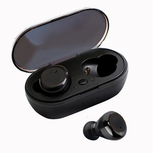 Black and red true wireless stereo Bluetooth earbuds with a charging case.