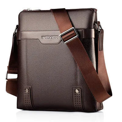 Men's black PU leather shoulder bag with zipper opening showing square vertical design