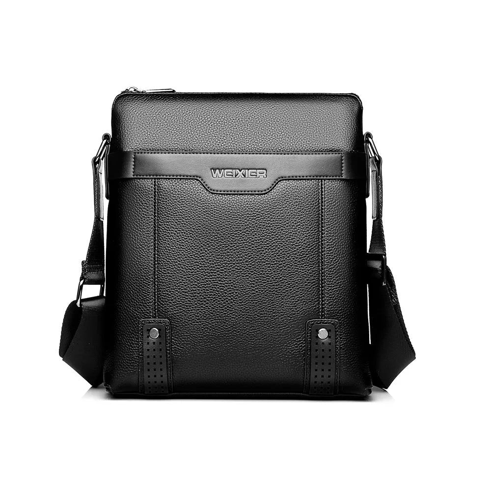 Men's black PU leather shoulder bag with zipper opening showing square vertical design
