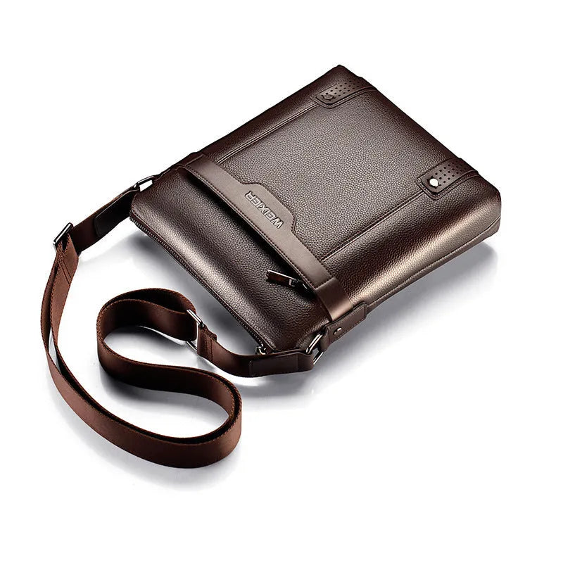 Men's black PU leather shoulder bag with zipper opening showing square vertical design
