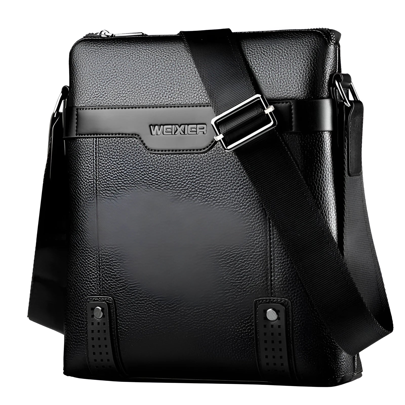 Men's black PU leather shoulder bag with zipper opening showing square vertical design
