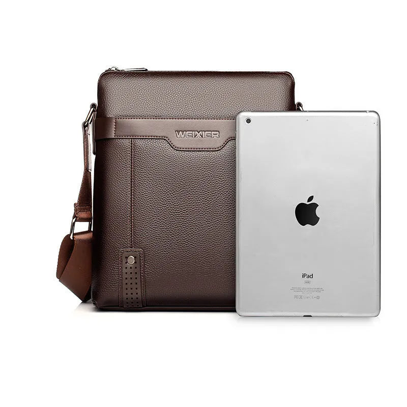 Men's black PU leather shoulder bag with zipper opening showing square vertical design
