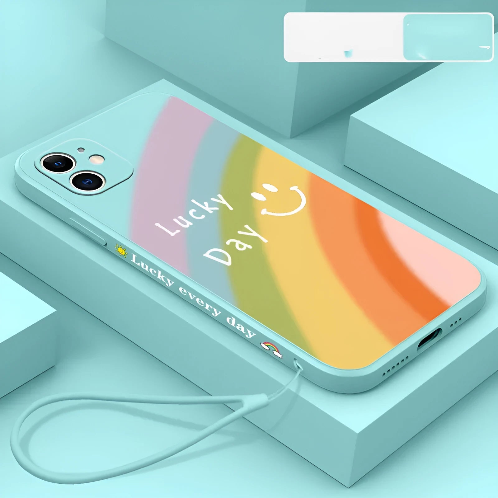 Rainbow smiley face design on a colourful silicone phone case for iPhone, showing blue, green, purple, and red colour options.