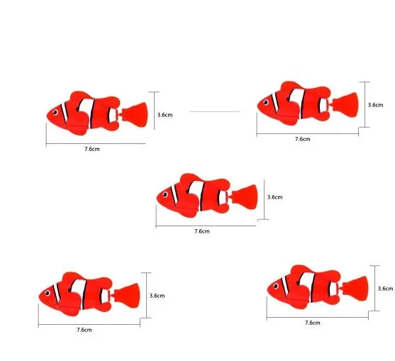 Set of four swimming electronic pet fish toys in red, orange, pink, and blue on a white background