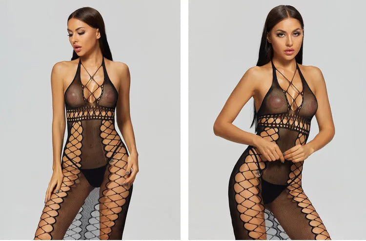 Black transparent nylon mesh bodystocking with open crotch for women, one size
