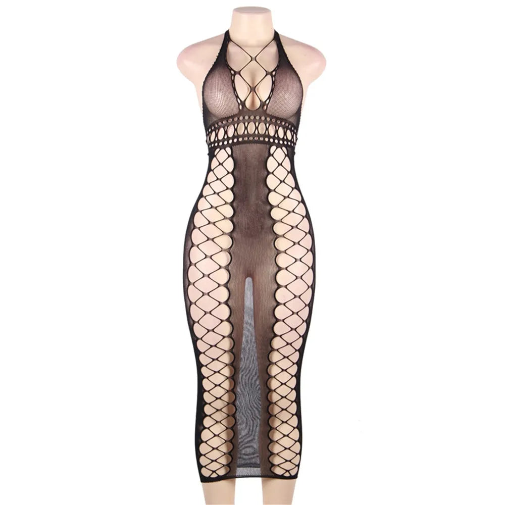 Black transparent nylon mesh bodystocking with open crotch for women, one size