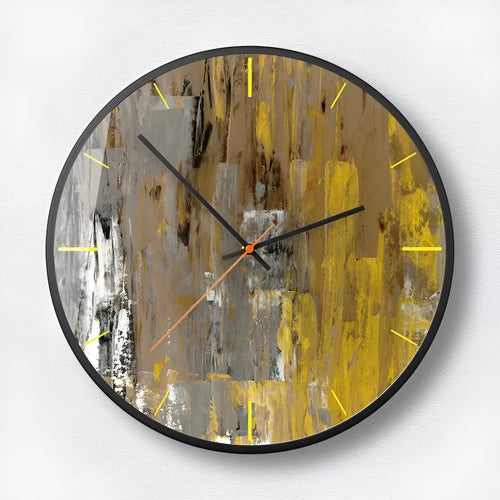 Round abstract art wall clock in Mysterious Black with metal frame and glass face, showing silent sweep second hand.