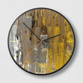 Round abstract art wall clock in Mysterious Black with metal frame and glass face, showing silent sweep second hand.