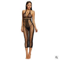 Black transparent nylon mesh bodystocking with open crotch for women, one size