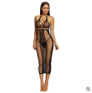 Black transparent nylon mesh bodystocking with open crotch for women, one size