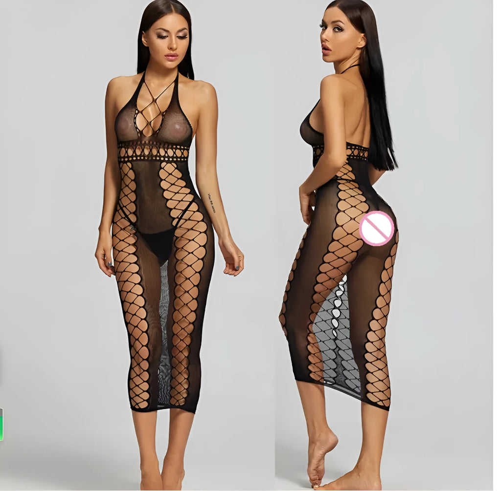 Black transparent nylon mesh bodystocking with open crotch for women, one size