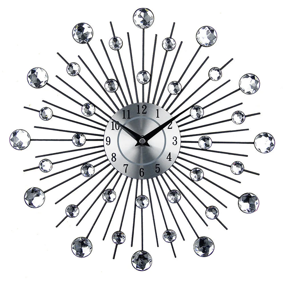 Silver round metal wall clock 33cm diameter with pointer display and numbered markers