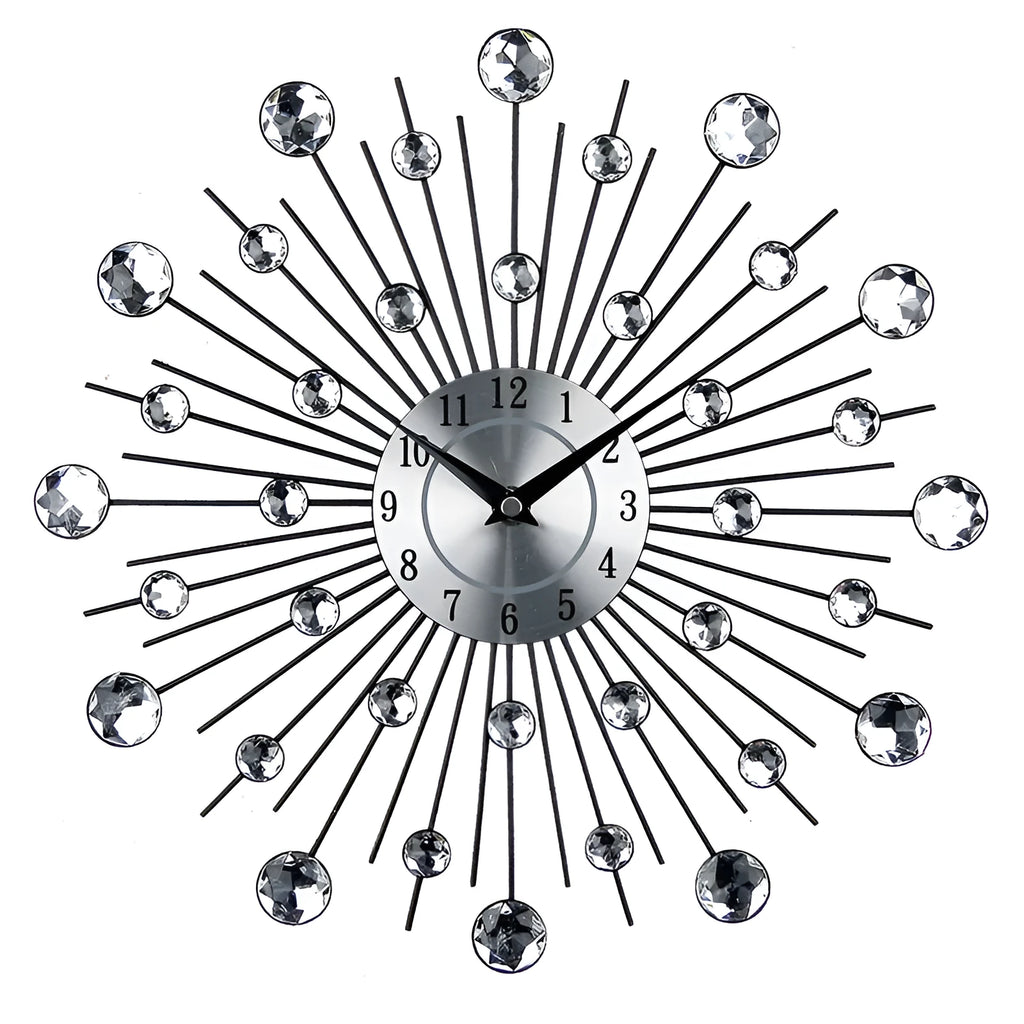 Silver round metal wall clock 33cm diameter with pointer display and numbered markers