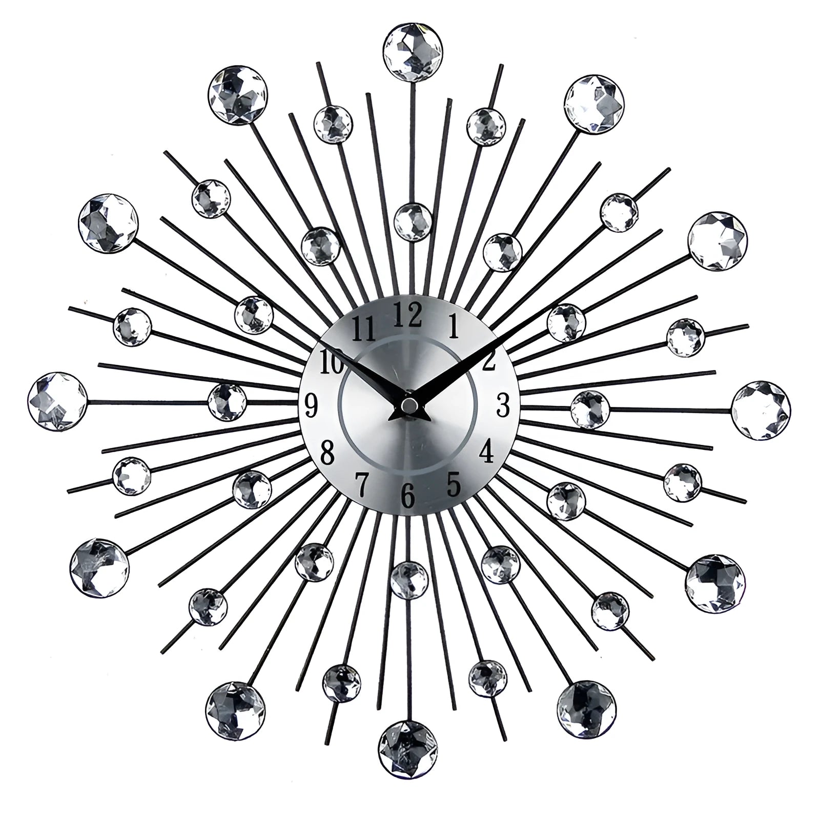 Silver round metal wall clock 33cm diameter with pointer display and numbered markers