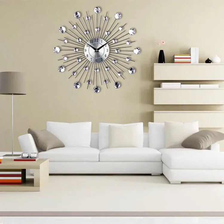 Silver round metal wall clock 33cm diameter with pointer display and numbered markers