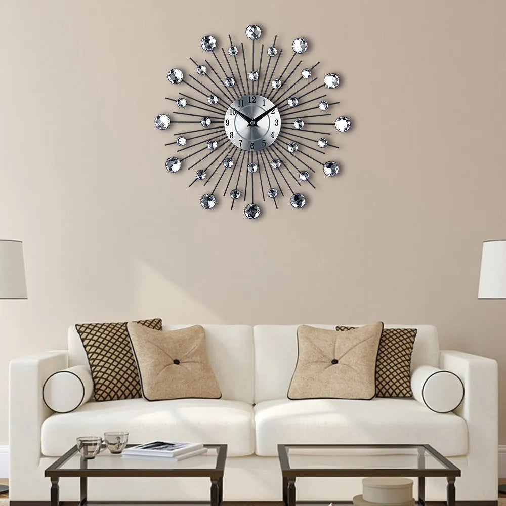 Silver round metal wall clock 33cm diameter with pointer display and numbered markers