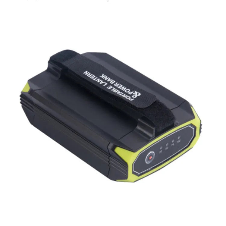 Green rechargeable LED camping lantern with aluminium alloy body showing dimensions and push-button switch.