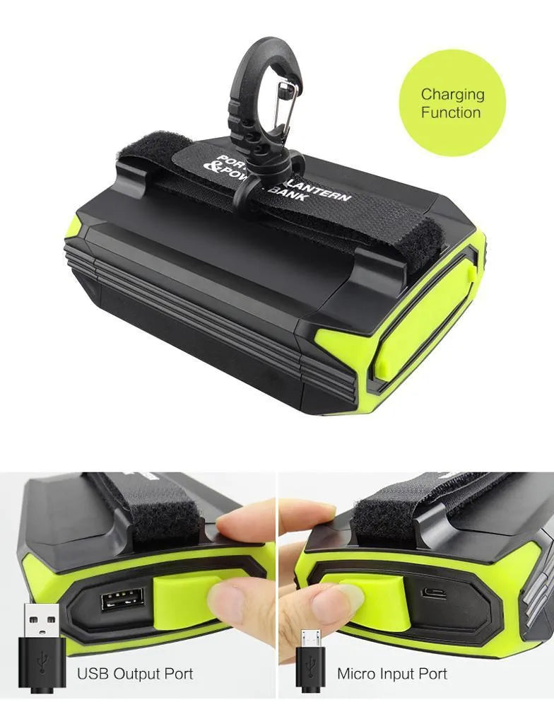 Green rechargeable LED camping lantern with aluminium alloy body showing dimensions and push-button switch.