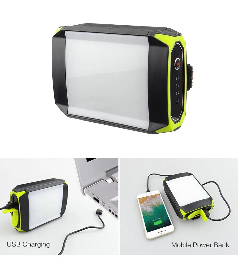 Green rechargeable LED camping lantern with aluminium alloy body showing dimensions and push-button switch.