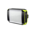 Green rechargeable LED camping lantern with aluminium alloy body showing dimensions and push-button switch.
