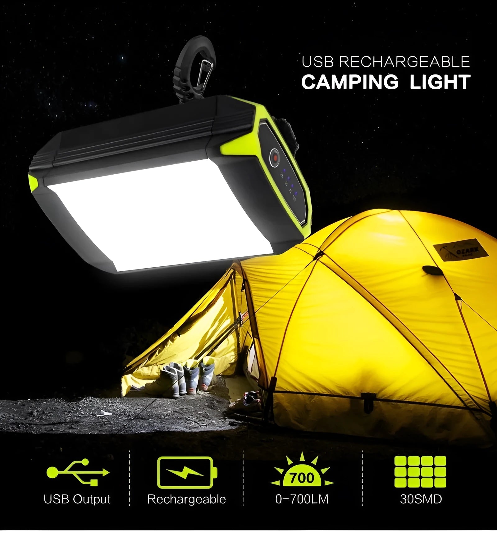 Green rechargeable LED camping lantern with aluminium alloy body showing dimensions and push-button switch.
