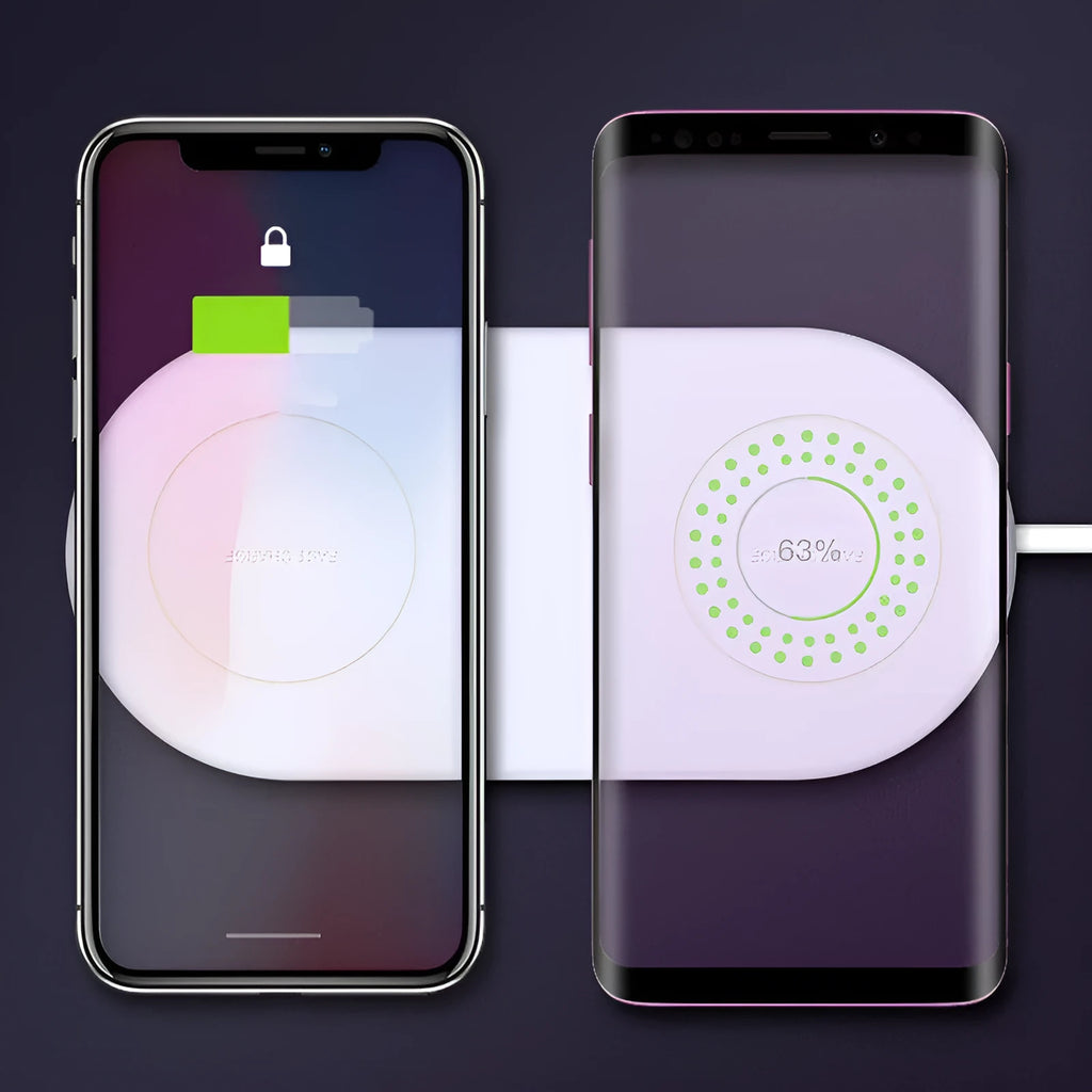 White dual wireless charging pad for two mobile phones with fast charging support