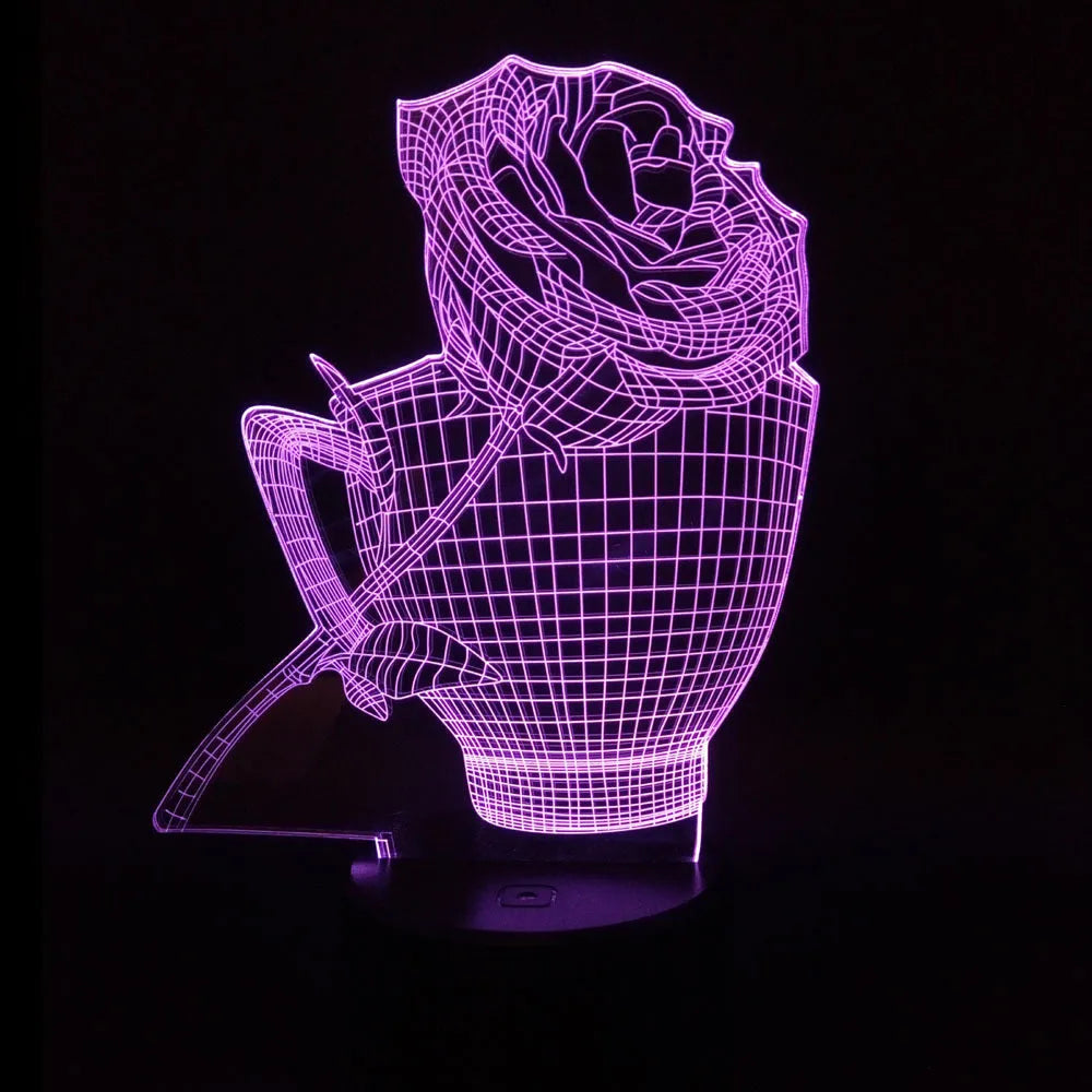 3D rose flower decorative night light with remote control on a bedside table.