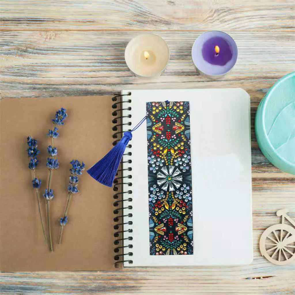 Leather bookmark with hand-embroidered special-shaped diamond mandala flower pattern
