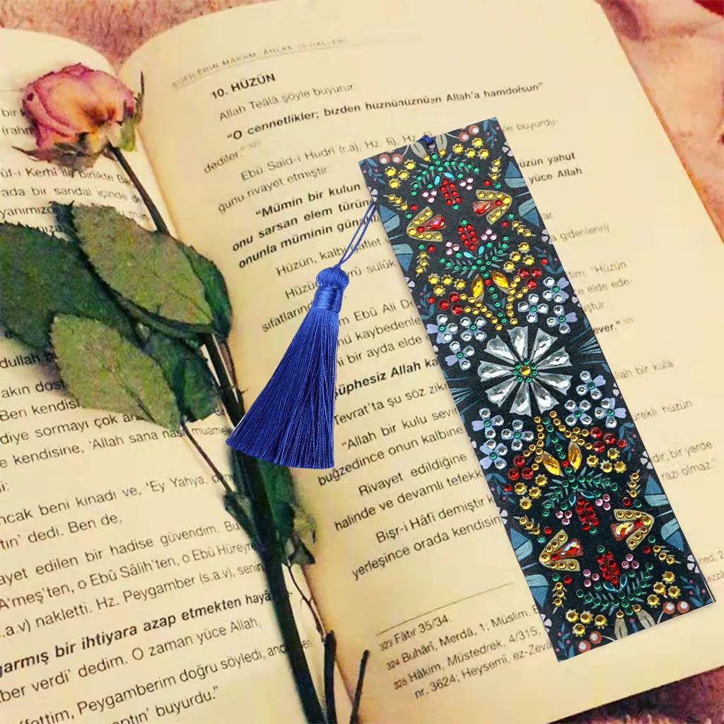 Leather bookmark with hand-embroidered special-shaped diamond mandala flower pattern
