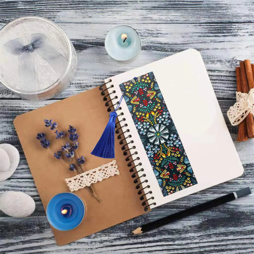 Leather bookmark with hand-embroidered special-shaped diamond mandala flower pattern