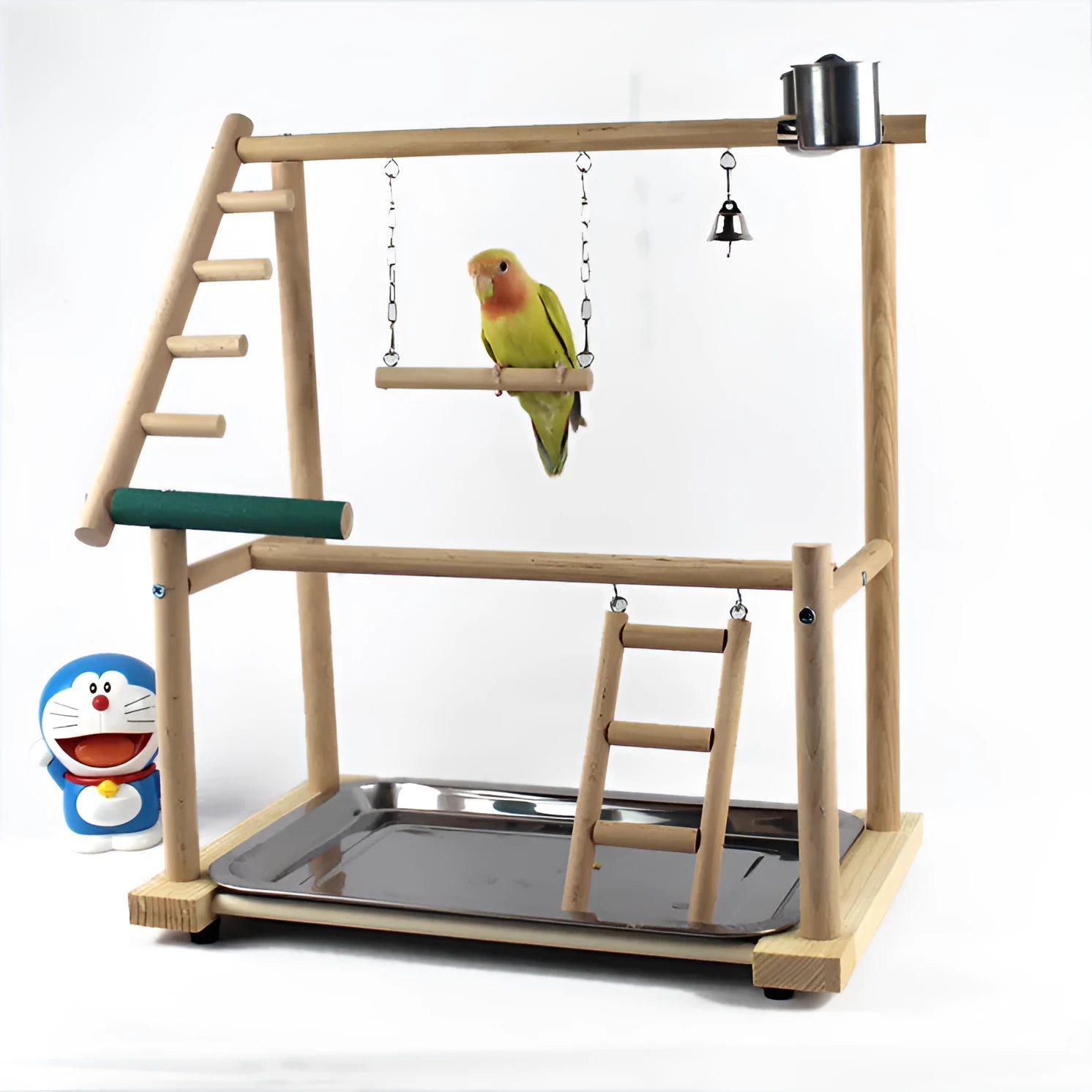 Brown wood desktop bird stand with swing and climbing ladder for cockatiels