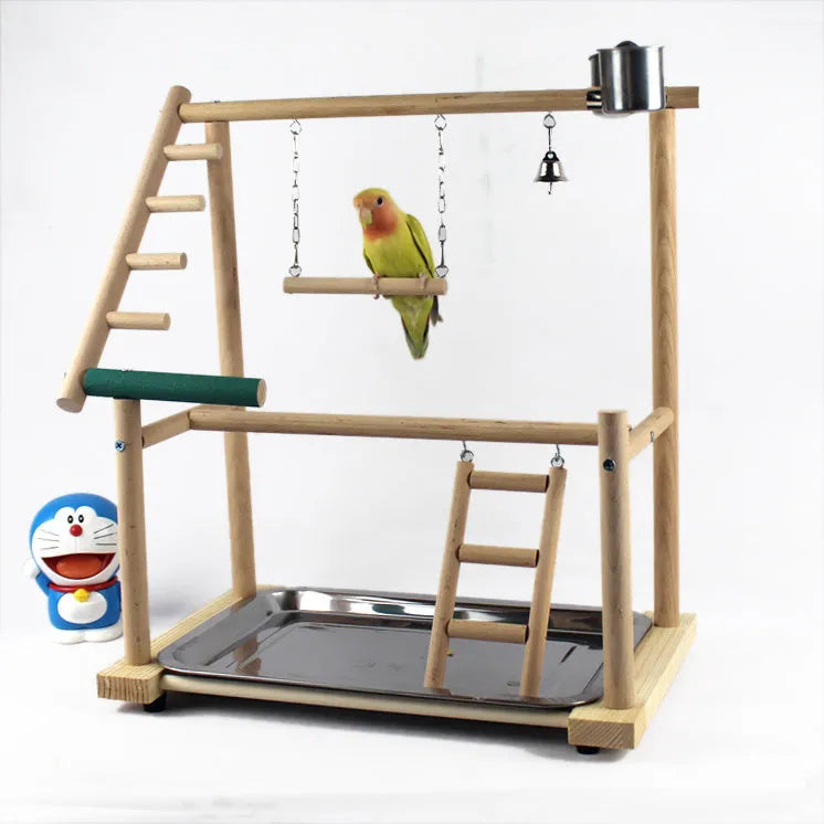 Brown wood desktop bird stand with swing and climbing ladder for cockatiels