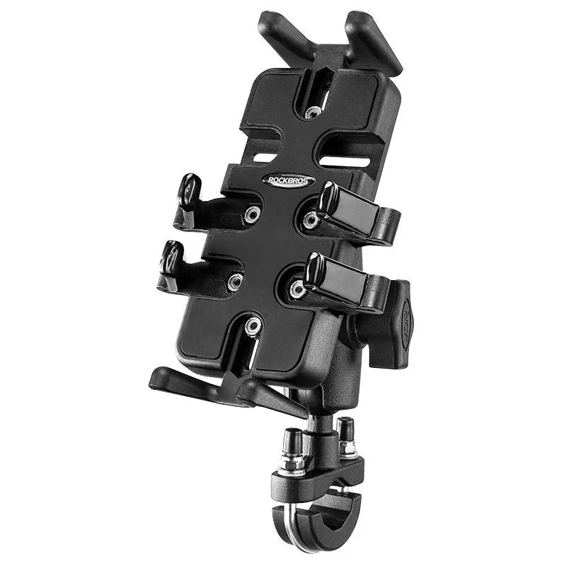 Black nylon U-shaped phone mounting bracket for motorcycle and bicycle handlebars.
