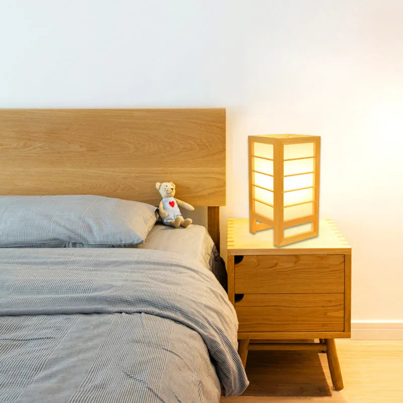 Korean style tatami bedside lamp in solid bamboo wood with push-button switch