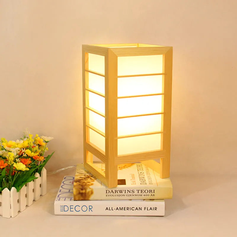 Korean style tatami bedside lamp in solid bamboo wood with push-button switch
