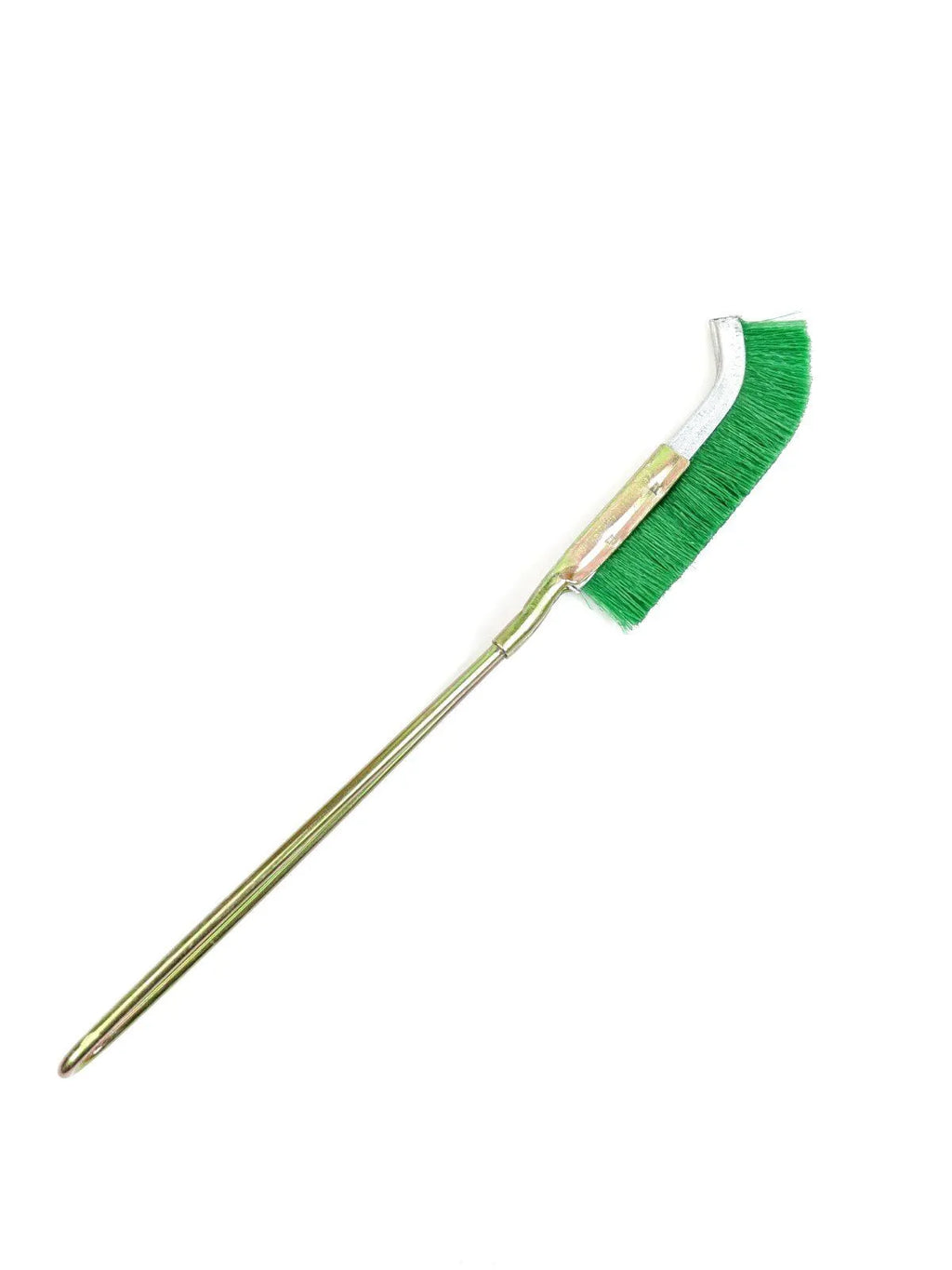 Green elbow-shaped mini brush with nylon wire bristles and metal handle for rust removal