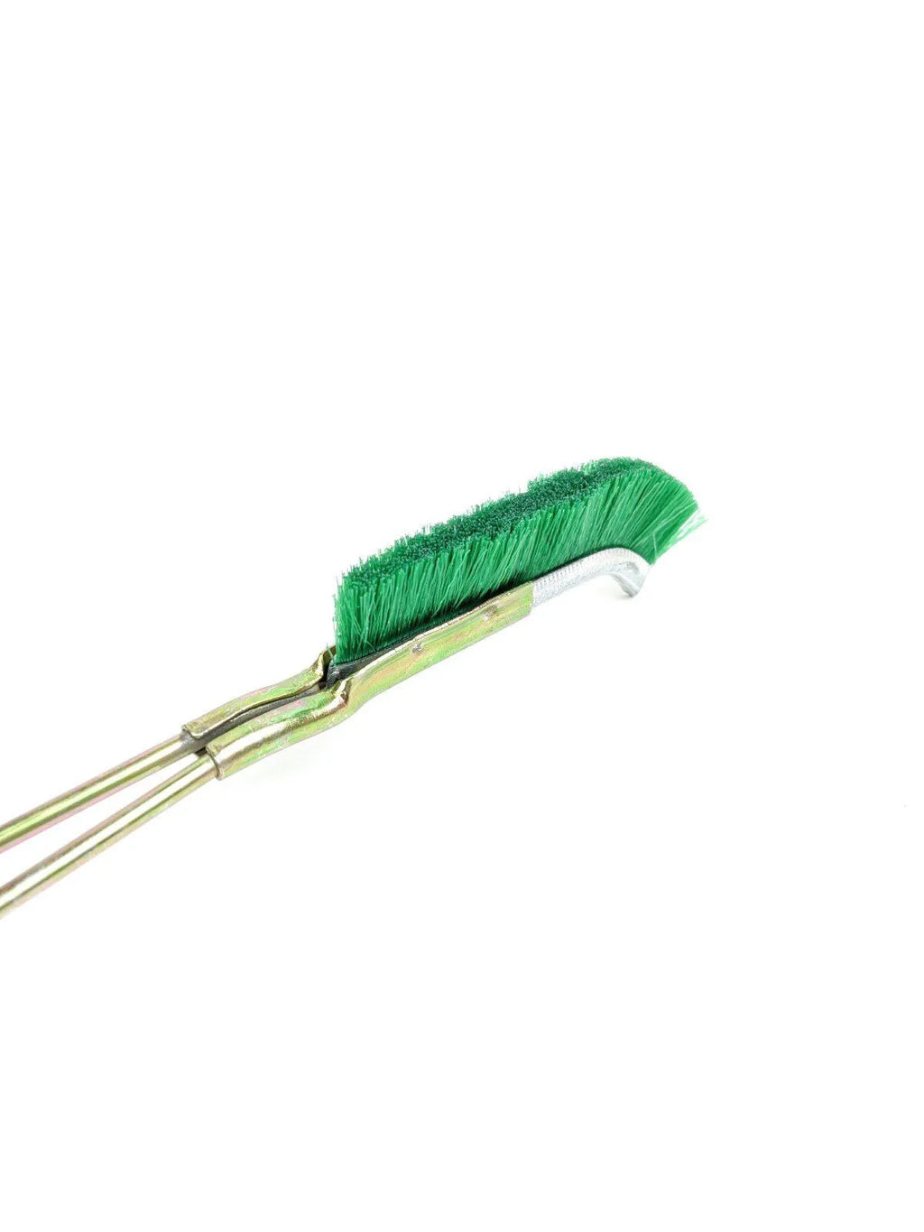 Green elbow-shaped mini brush with nylon wire bristles and metal handle for rust removal