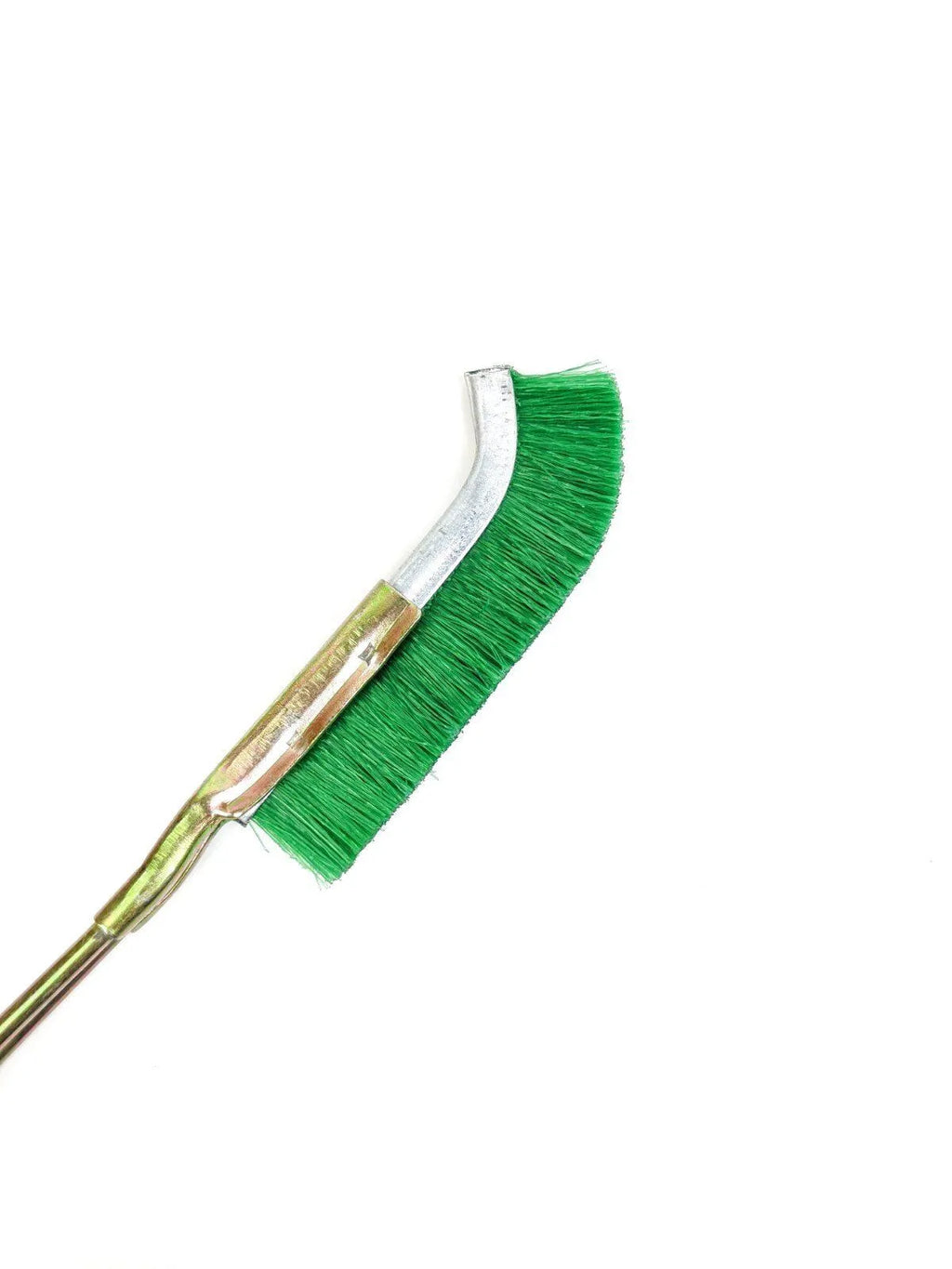 Green elbow-shaped mini brush with nylon wire bristles and metal handle for rust removal