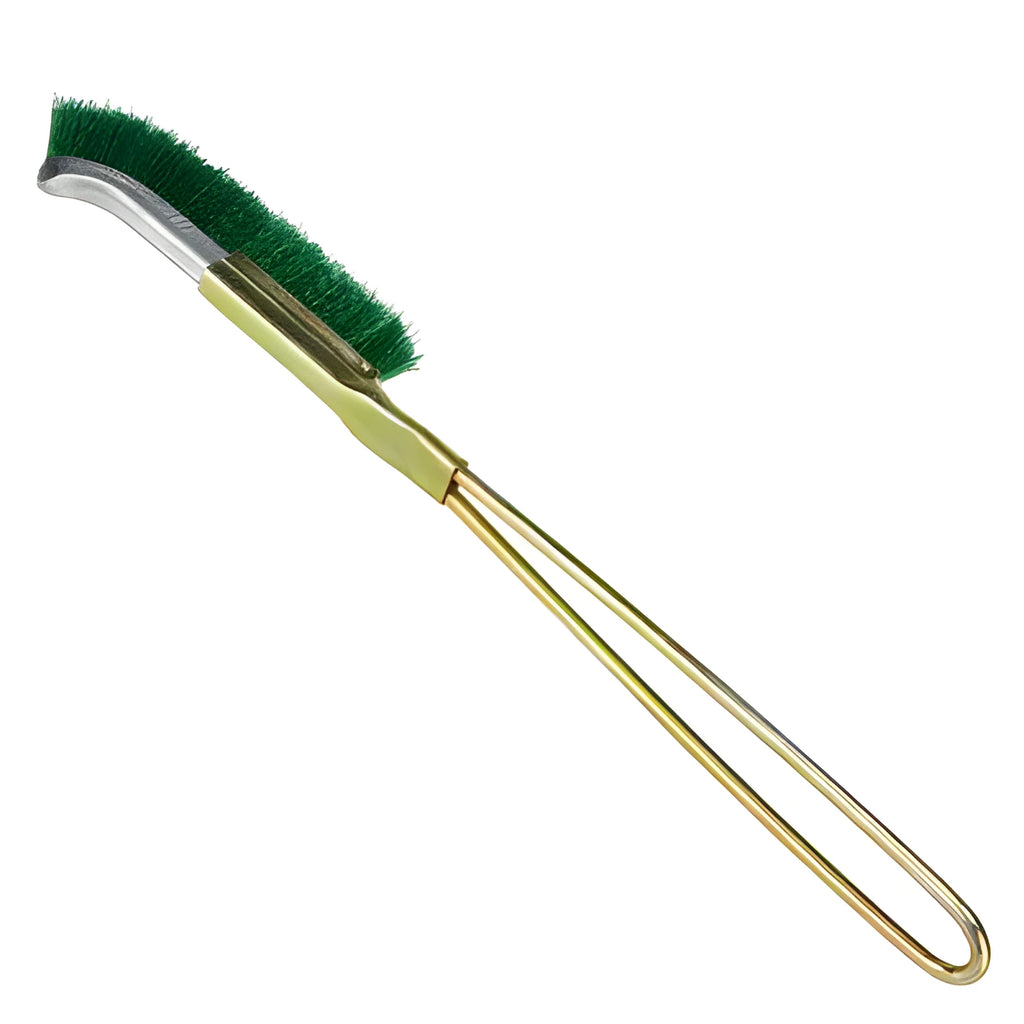 Green elbow-shaped mini brush with nylon wire bristles and metal handle for rust removal